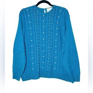 Vintage Andrea Gayle Blue Silk/Nylon/Angora/Wool Cable-Knit Pearl Sweater, XL